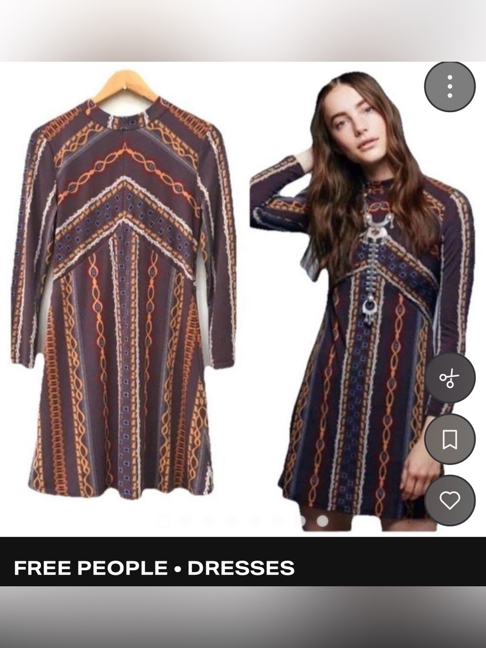 Free People Brown Long Sleeve Geometric A-Line Dress